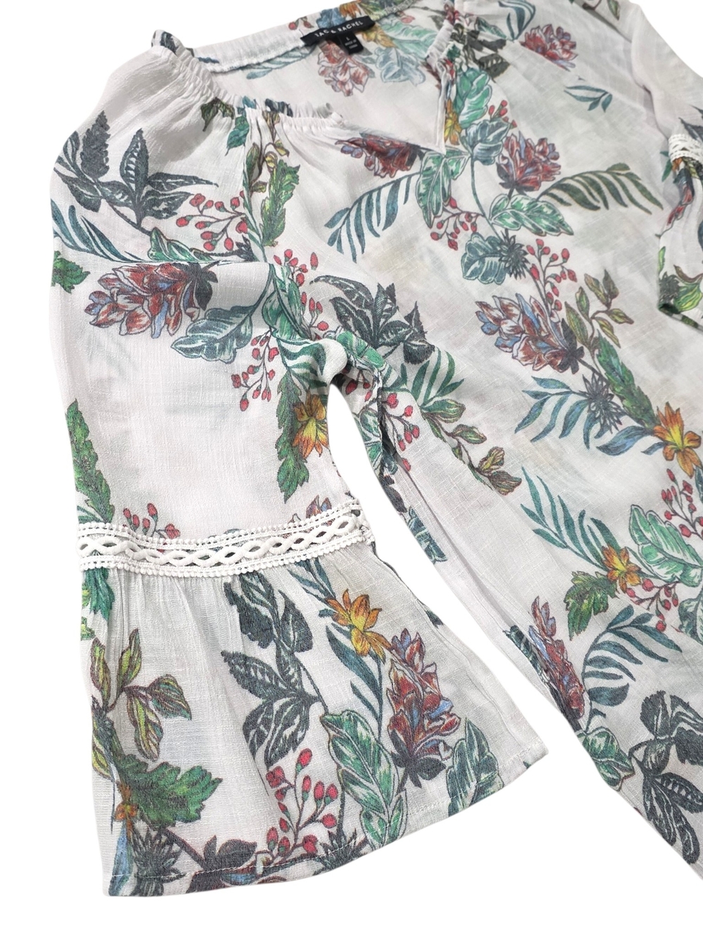 Zac & Rachel White Floral Bell Sleeve Blouse Size Large (L) E77 - Picture 5 of 8